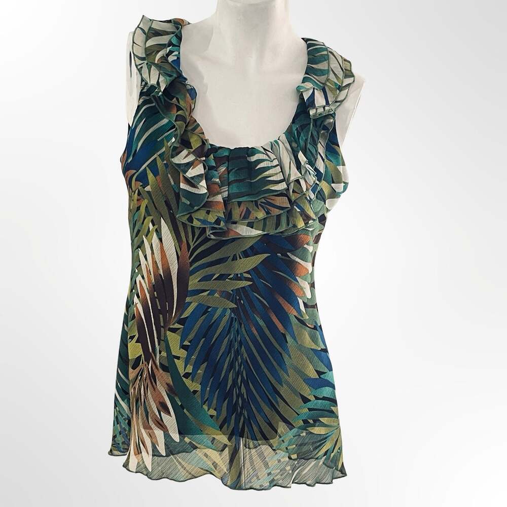 Spense Tropical Palm Leaf Ruffle Trim Sleeveless Top